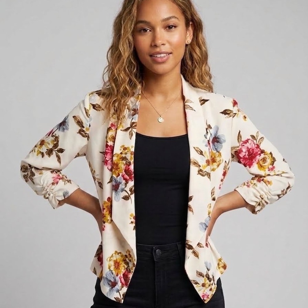 Love Tree Open Front Blazer Jacket 3/4 Ruched Sleeve Women's Size Medium